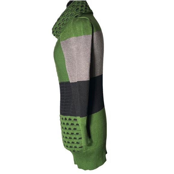 Women's Long Sleeve Color block Cowl Neck Green Black Knit Medium Warm Sweater - Picture 3 of 4